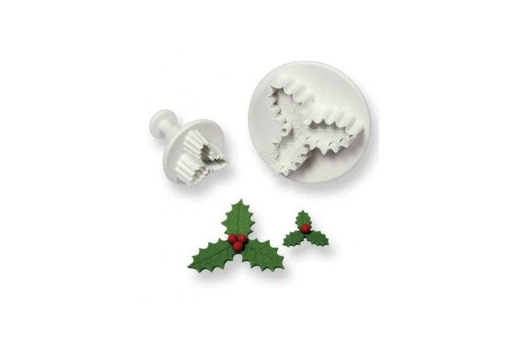 Jeu de 2 d&eacute;coupoirs + poussoirs feuille de houx triple &Oslash; 22 et 45mm