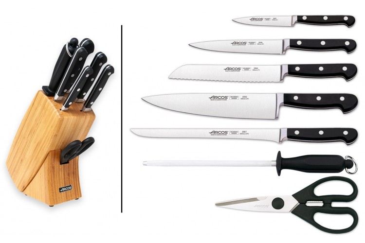 Bloc bois Arcos CLASICA 5 couteaux forg&eacute;s + 2 accessoires