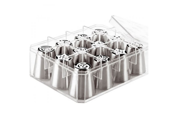 Boite de 12 douilles tout inox assorties d&eacute;cors fleurs