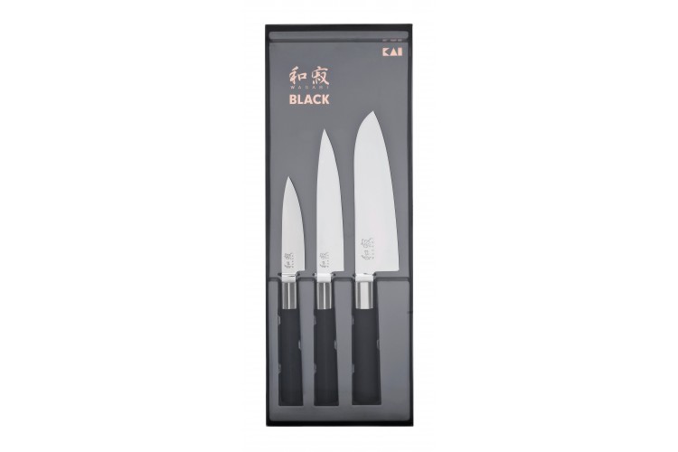 Coffret 3 couteaux Kai Wasabi Black : Universel 10cm et 15cm et Santoku 16,5cm