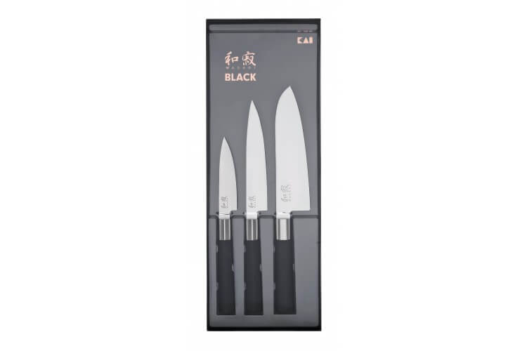 Coffret 3 couteaux Kai Wasabi Black : Universel 10cm et 15cm et Santoku 16,5cm