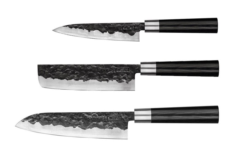Coffret 3 couteaux Samura Blacksmith martel&eacute;s : universel + santoku + nakiri