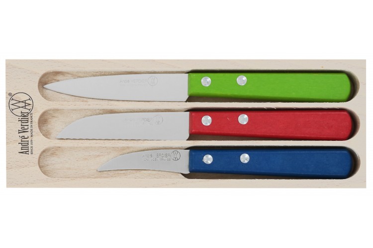 Coffret 3 couteaux &agrave; l&eacute;gumes Andr&eacute; Verdier bec d'oiseau + stylet dent&eacute; + office