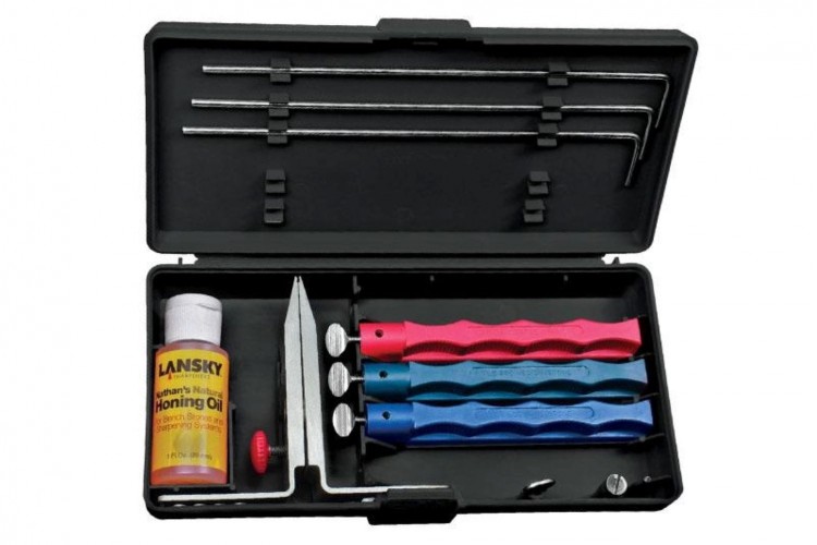 Kit d'aiguisage Lansky 3 pierres + huile + &eacute;trier