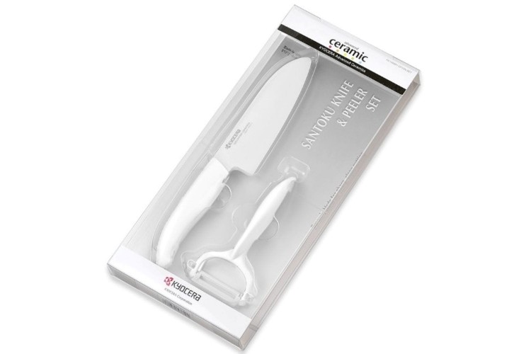 Coffret Gen KYOCERA santoku 14cm + &eacute;plucheur manches blancs