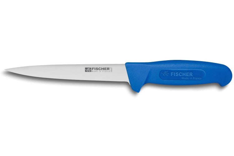 Couteau &agrave; d&eacute;sosser professionnel Fischer HACCP lame us&eacute;e 17cm manche bleu