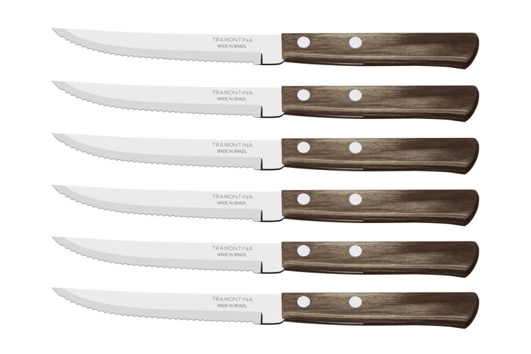 Set de 6 couteaux &agrave; steak Tramontina lame crant&eacute;e 11cm manche marron