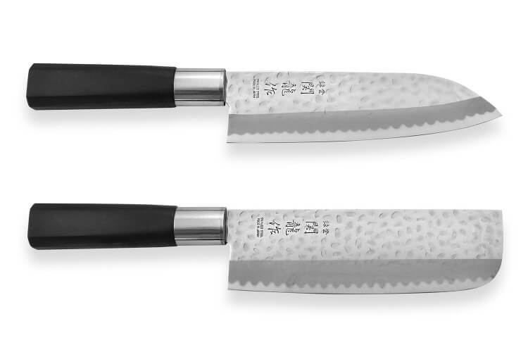 Coffret 2 couteaux japonais Nagekomi lame martelée : santoku + nakiri 
