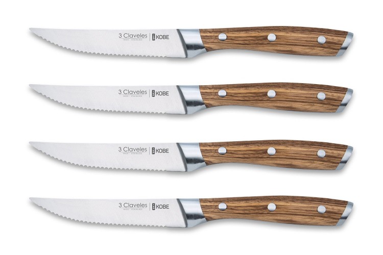 Set de 4 couteaux &agrave; steak 3 Claveles Kobe 11,5cm acier inox manche ch&acirc;taignier