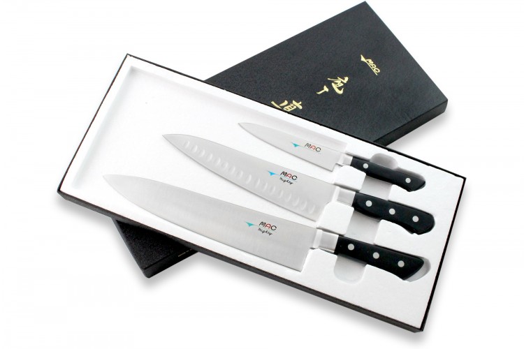 Coffret de 3 couteaux japonais MAC Professional office + chef alv&eacute;ol&eacute; 20cm + chef 24cm