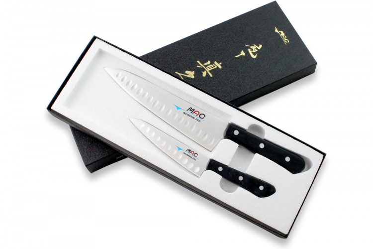 Coffret 2 couteaux japonais MAC Chef alv&eacute;ol&eacute;s : Universel 13cm + Chef 20cm