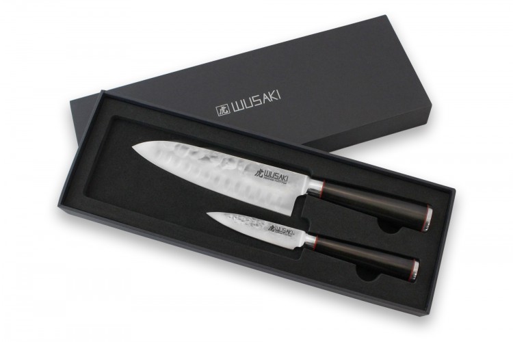 Coffret 2 couteaux Wusaki Ebony AUS8 &eacute;b&egrave;ne Santoku + Office