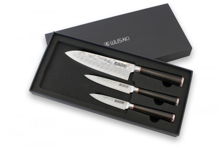 Coffret 3 couteaux Wusaki Ebony AUS8 &eacute;b&egrave;ne Santoku + Universel + Office