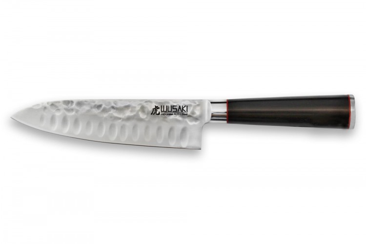Couteau santoku Wusaki Ebony AUS8 17cm alv&eacute;ol&eacute; manche &eacute;b&egrave;ne vernis
