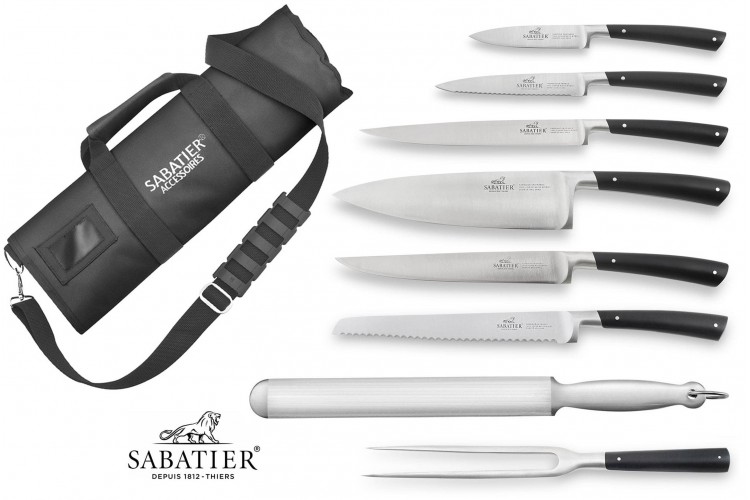 Mallette cuisinier Sabatier Edonist 6 couteaux fabrication fran&ccedil;aise + 1 fourchette + 1 fusil