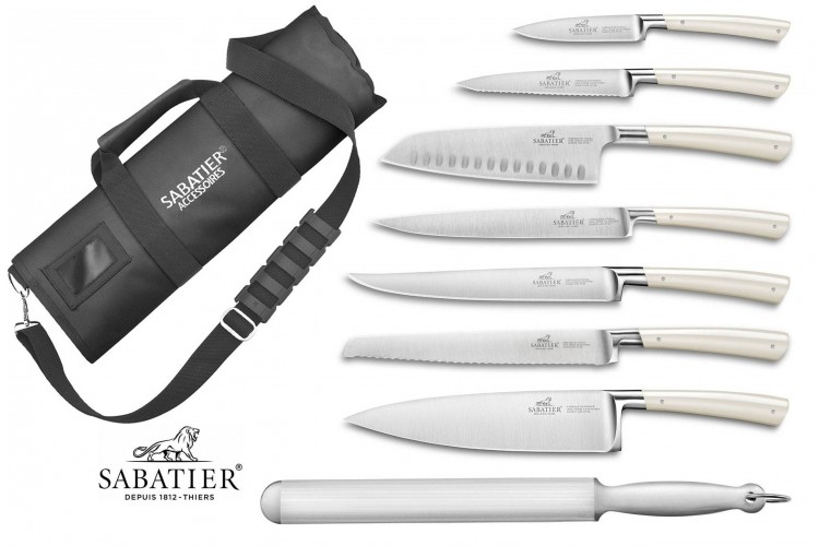 Mallette cuisinier Sabatier Edonist Perle 7 couteaux fabrication fran&ccedil;aise + 1 fusil