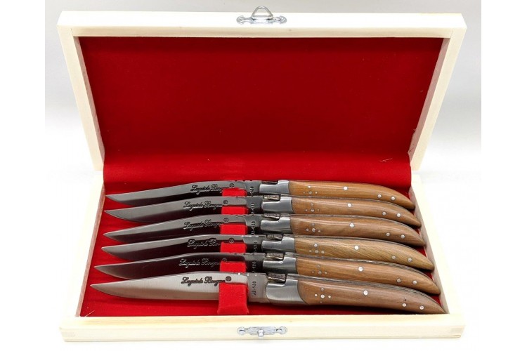 Coffret de 6 couteaux de table Prestige Laguiole Bougna manches ouvrag&eacute;s en teck