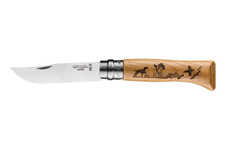 Couteau Opinel Tradition Gravures Animalia n&deg;8 lame 8,5cm manche ch&ecirc;ne d&eacute;cor chiens