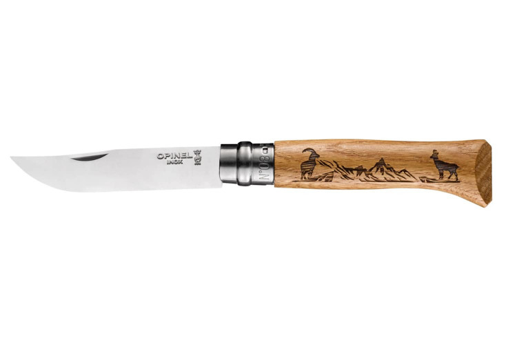 Couteau Opinel Tradition Gravures Animalia n&deg;8 lame 8,5cm manche ch&ecirc;ne d&eacute;cor chamois