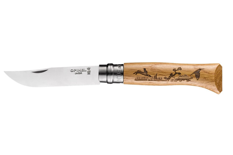 Couteau Opinel Tradition Gravures Animalia n&deg;8 lame 8,5cm manche ch&ecirc;ne d&eacute;cor li&egrave;vres