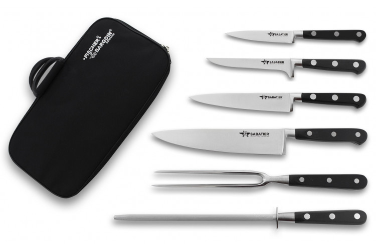 Mallette du cuisinier Fischer Sabatier 64 4 couteaux + 1 fourchette et 1 fusil &agrave; aiguiser