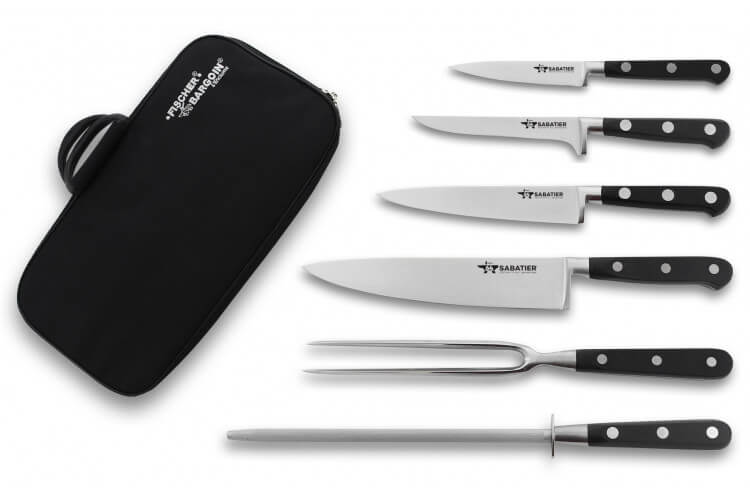 Mallette du cuisinier Fischer Sabatier 64 4 couteaux + 1 fourchette et 1 fusil à aiguiser