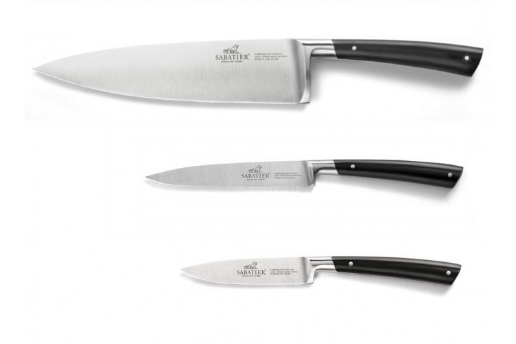 Coffret 3 couteaux forg&eacute;s Sabatier Edonist acier inox manche noir