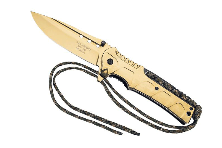 Couteau pliant Herbertz 567112 manche inox dor&eacute; 12cm + lacet paracord