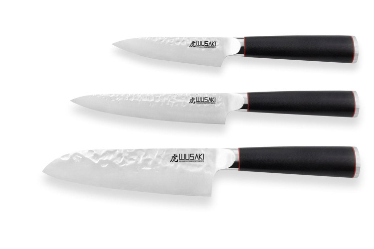 Coffret 3 couteaux Wusaki Hayato X50 manches G10 Santoku + Universel + Office