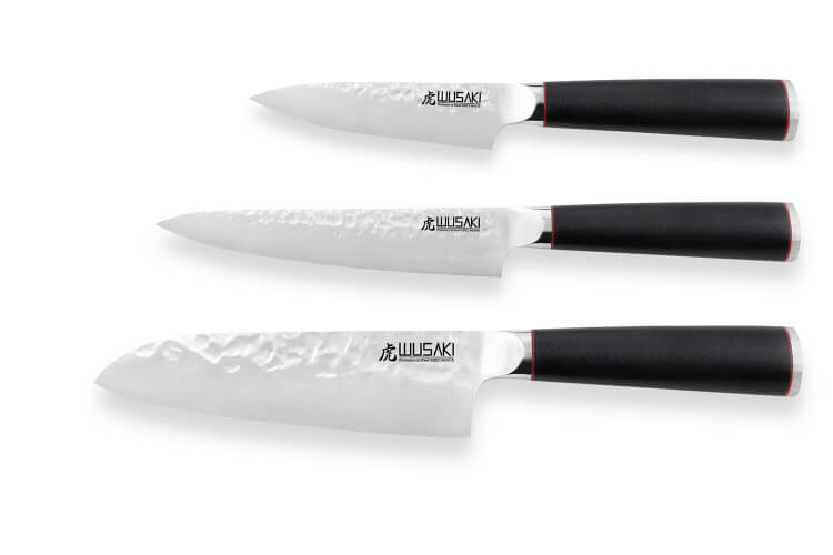 Coffret 3 couteaux Wusaki Hayato X50 manches G10 Santoku + Universel + Office
