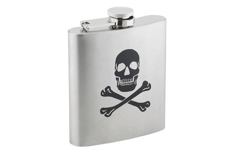 Flasque inox motif t&ecirc;te de mort + bouchon ba&iuml;onnette 180ml
