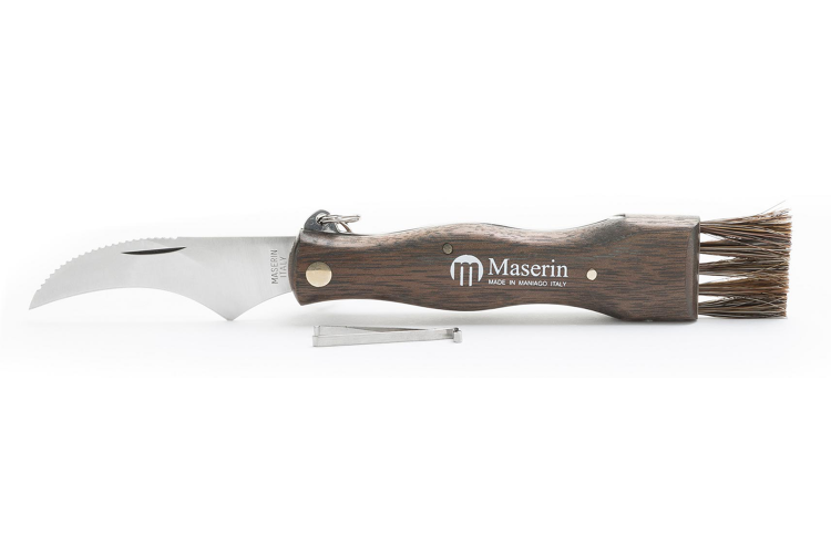 Couteau pliant &agrave; champignons manche noyer Maserin acier inox 11cm + brosse int&eacute;gr&eacute;e