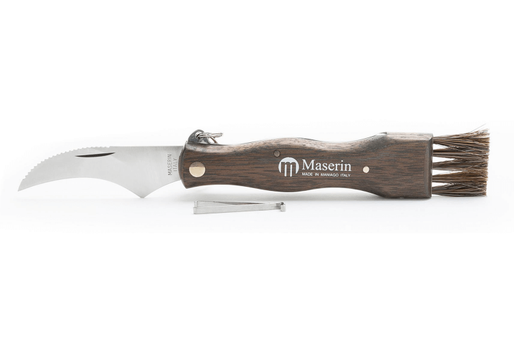 Couteau pliant à champignons manche noyer Maserin acier inox 11cm + brosse intégrée