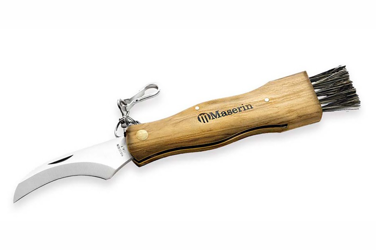 Couteau pliant &agrave; champignons manche olivier Maserin acier inox 12cm + brosse int&eacute;gr&eacute;e