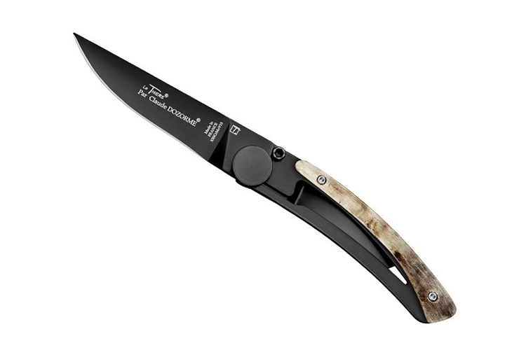 Couteau pliant Le Thiers Liner Lock Claude Dozorme acier noir corne de bélier 10,5cm
