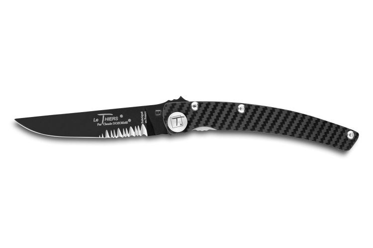 Couteau pliant denté noir Le Thiers Liner Lock Claude Dozorme carbone 12,5cm