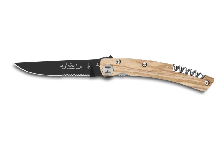 Couteau pliant lame noire dent&eacute;e Le Thiers Liner Lock Claude Dozorme olivier 12,5cm