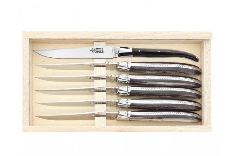 Coffret 6 couteaux Laguiole G.DAVID 21cm inox manche façon corne noire mitre inox