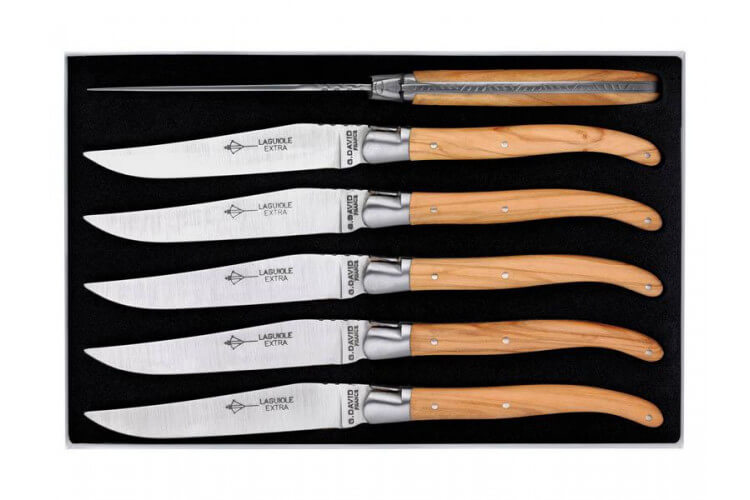 Coffret couteaux Laguiole G.DAVID, 6 couteaux table 23 cm inox manche olivier, mitre inox brossé, guilloché