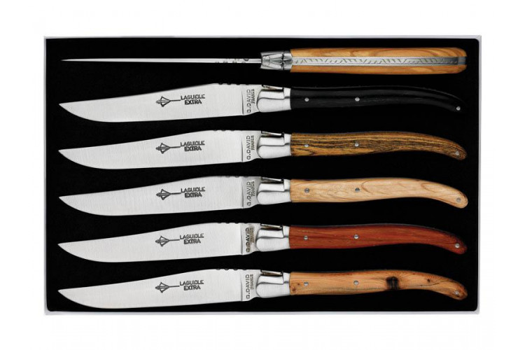 Coffret 6 couteaux Laguiole G.DAVID, 23 cm inox, manche bois, mitre inox