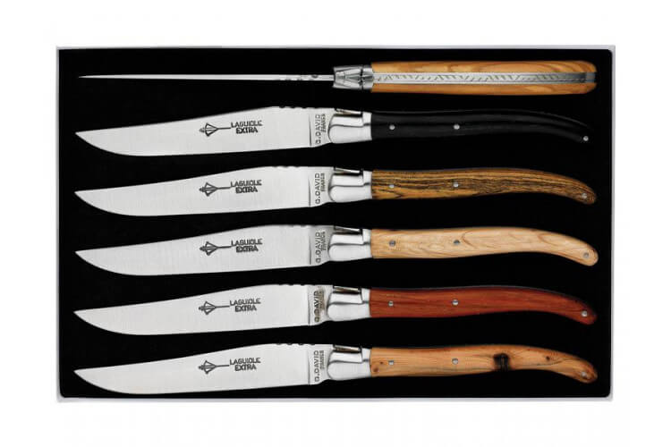 Coffret 6 couteaux Laguiole G.DAVID, 23 cm inox, manche bois, mitre inox