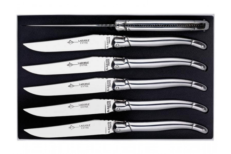 Coffret couteaux Laguiole G.DAVID, 6 couteaux table 23 cm tout inox, guilloch&eacute;