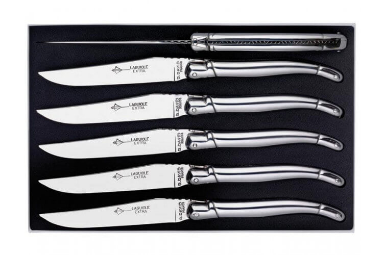 Coffret couteaux Laguiole G.DAVID, 6 couteaux table 23 cm tout inox, guilloché
