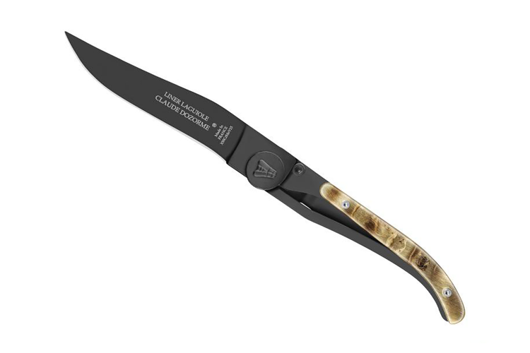 Couteau pliant ultra fin Laguiole Claude Dozorme noir manche corne de b&eacute;lier 11cm