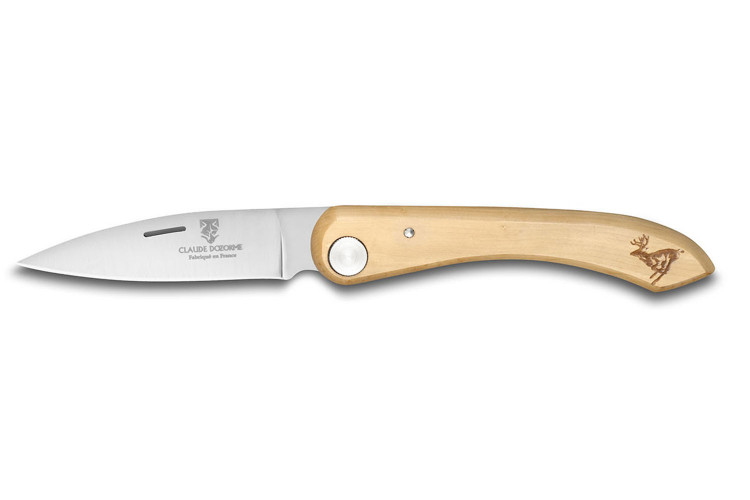 Couteau pliant capucin Claude Dozorme manche buis gravure cerf 12,5cm