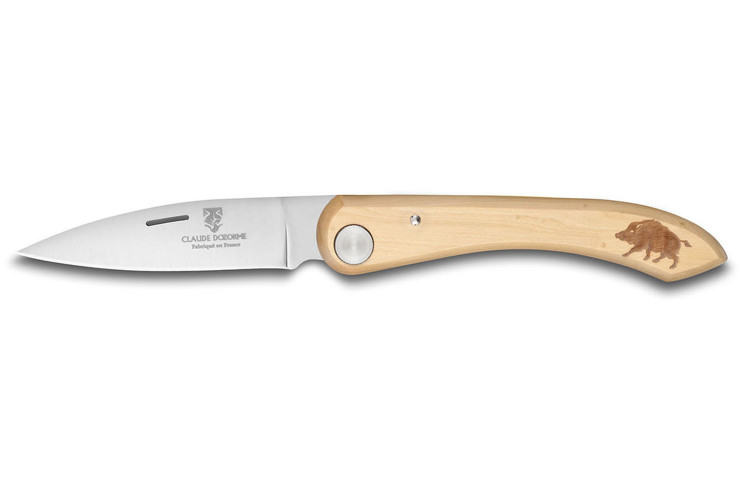 Couteau pliant capucin Claude Dozorme manche buis gravure sanglier 12,5cm