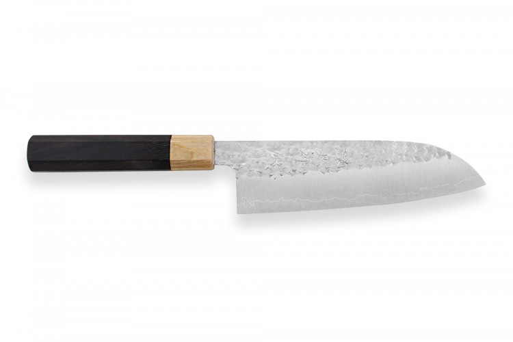 Couteau santoku japonais artisanal martel&eacute; Yu Kurosaki senko 16.5cm acier SG2