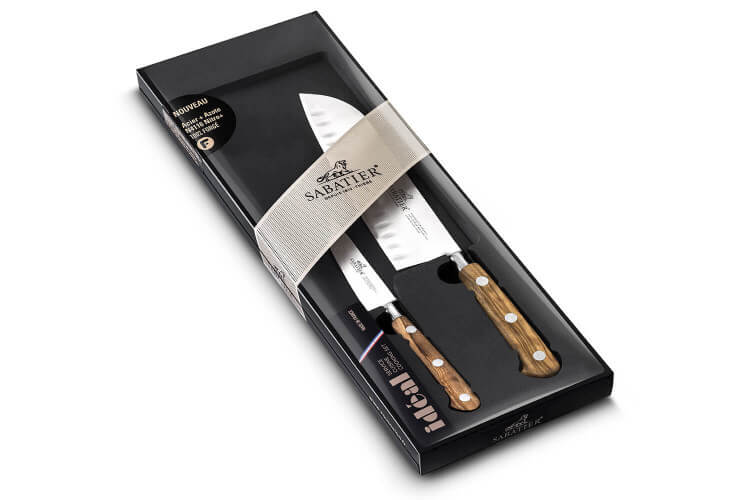 Coffret Sabatier 2 couteaux Office + Santoku manche en bois d'olivier