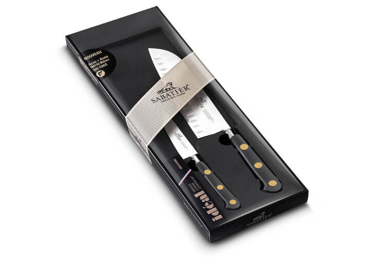Coffret Sabatier 2 couteaux Idéal laiton Office + Santoku manche POM noir