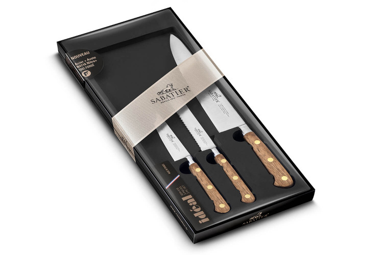 Coffret Sabatier 3 couteaux Office + L&eacute;gume + Chef manche en bois de noyer